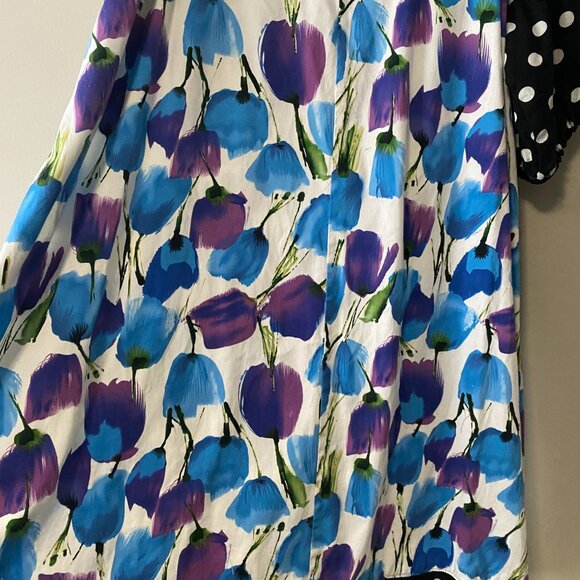 Handmade Plus Size Cotton Blue Floral Black White Polka Dot Dress - Picture 10 of 14